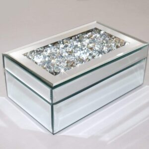 Silver Crushed Diamond Mirrored Jewelry Box with Black Velvet Lining — Single-Compartment Open Design