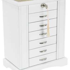 7-Tier Large Jewelry Box with Lockable Top, 6 Drawers, Built-In Mirror, and 4 Necklace Hooks — 11.1"x6.9"x14.2"