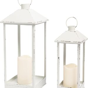 Set of 2 White Distressed Metal Candle Lanterns — 16" and 12" with LED Flickering Candles, No Glass