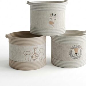 Set of 3 Round Safari Animal Print Fabric Rope and Linen Storage Baskets — Multi-Sized with Carry Handles