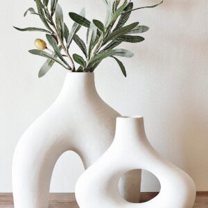 Set of 2 White Ceramic Hollow Donut Vases — 8"x7.9" Matte Sandy Finish, Wet or Dry, Nordic Style