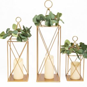 Set of 3 Modern Gold Metal Candle Lanterns — 23.75", 18.5", and 13" with 3 Garlands, No Glass