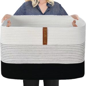 22"x17"x12" Cotton Rope Woven Blanket Basket with Reinforced Handles — Foldable, Safe for Kids and Pets