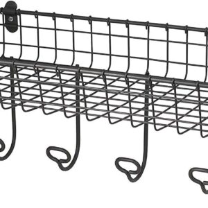 19" Industrial Gray Wire Wall Mount Basket and Hook Station — Entryway, Mudroom, and Hallway Storage