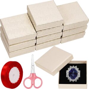 12-Pack Beige Cardboard Jewelry Gift Boxes with Foam Pad, Ribbon, and Scissors — 3.5"x3.5"x1"