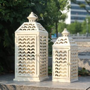 Set of 2 Black Metal Scrollwork Candle Lanterns — 18.5" and 13.4" with LED Candles, Indoor and Outdoor