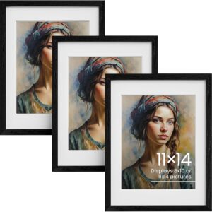 3-Pack 11x14 Natural Oak Picture Frame — Displays 8x10 with Mat, Vintage Curved Design, Tempered Glass