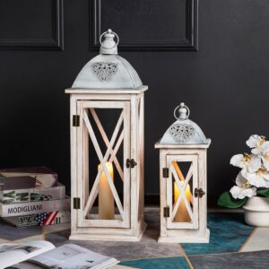 Set of 2 Distressed Whitewash Fir Wood and Metal Farmhouse Candle Lanterns — No Glass, Indoor and Outdoor