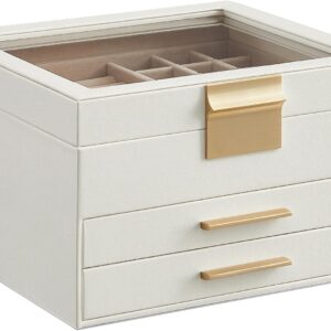 3-Layer Cloud White and Gold Jewelry Box with Glass Lid and 2 Drawers — 8"x9.1"x5.3" Velvet-Lined Organizer