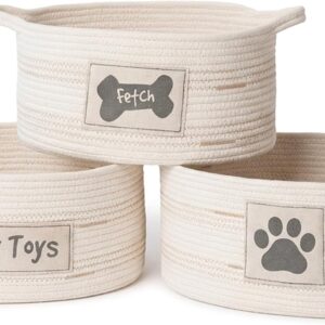Set of 3 Oval Fabric Rope Dog Toy Storage Baskets — Multi-Sized with "Fetch," "Dog Toys," and Paw Print Patches