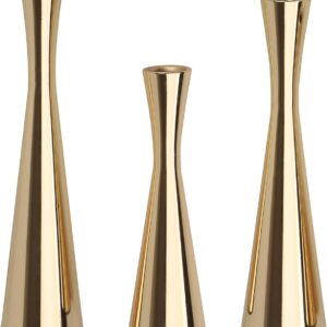 Set of 3 Light Gold Polished Iron Taper Candlestick Holders — 7.5", 9", and 10.25" with Velvet Base Pads
