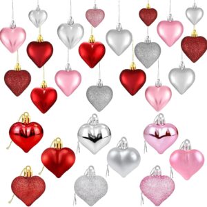 Valentine's Day Hanging Heart Baubles — Shatterproof Glitter and Glossy Ornaments, Pre-Strung, 36pcs