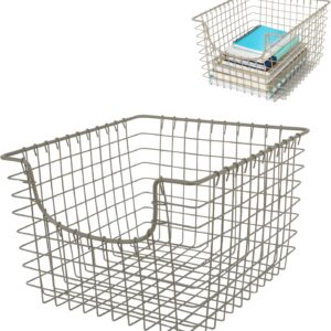 13"x12"x8" Industrial Gray Open-Front Scoop Wire Storage Basket with Label Plate — Kitchen, Pantry, Bath