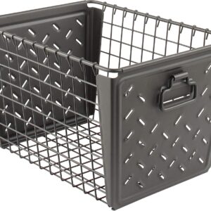 12.75" Industrial Gray Stamped Steel and Wire Storage Basket with Side Handles and Label Plate
