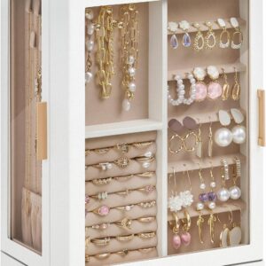 360° Rotating Jewelry Box with 7 Drawers, 3 Glass Windows, and Velvet Lining — 6.2"x9.2"x12.7" White and Gold