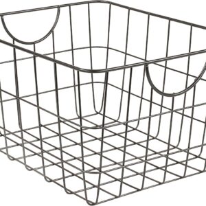 Industrial Gray Steel Utility Wire Basket with Curved Easy-Grab Handles and Label Plate — Multi-Room Storage
