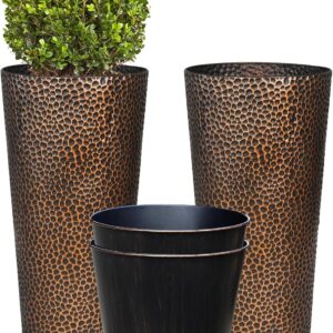 2-Pack 28" Hand-Hammered Bronze Cone Metal Planters with Inner Pots and Water Level Indicator — Indoor and Outdoor