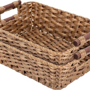 2-Pack Hand-Woven Waterproof Wicker Storage Baskets — 15"x10.6"x5.1" with Built-In Handles