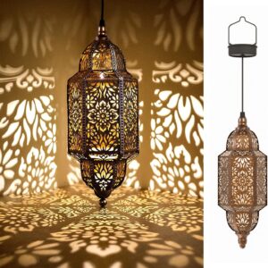 Hand-Carved Hexagonal Solar Moroccan Hanging Lantern — IP55 Waterproof, 6–10 Hour Glow, Retro Gold Finish