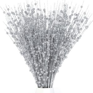 24-Pack Silver Glitter Berry Stem Christmas Tree Picks — 12-Branch Bundles for Trees, Wreaths, and Vases