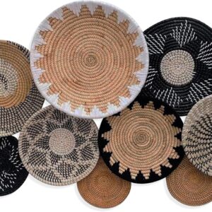 Set of 11 Handwoven Natural Fiber Round Wicker Wall Baskets — Boho and Farmhouse Wall Décor, Assorted Sizes