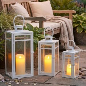 Set of 3 White Stainless Steel Candle Lanterns — 12", 15", and 19" with Tempered Glass, Indoor and Outdoor