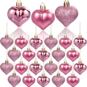 36-Piece Red, Pink, and White Heart Ornaments — Glossy, Matte, and Glitter Finishes, Pre-Strung