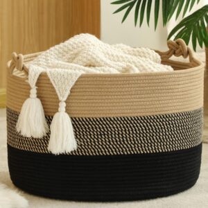 20"x13" Cotton Rope Blanket Basket in Jute and Black — Reinforced Handles, Collapsible, No Plastic