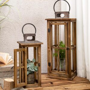Set of 2 Large Distressed Brown Farmhouse Wood and Metal Candle Lanterns — No Glass, Indoor and Outdoor