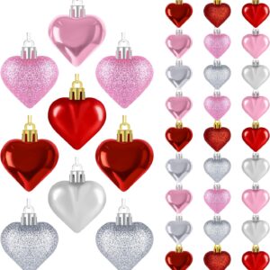 36-Piece 3D Heart Ornaments in Red, Pink, and Silver — 2 Sizes, Glossy Baubles with Pink Bow Accent